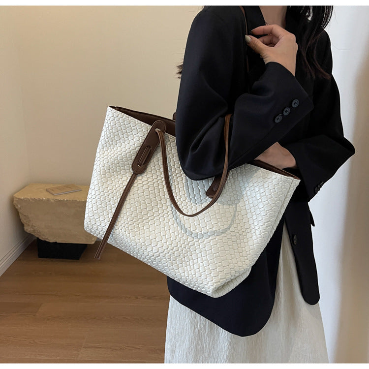 Beige and Brown Chic Woven PU Leather Tote Bag - Large Capacity Casual Shoulder & Handbag for Women