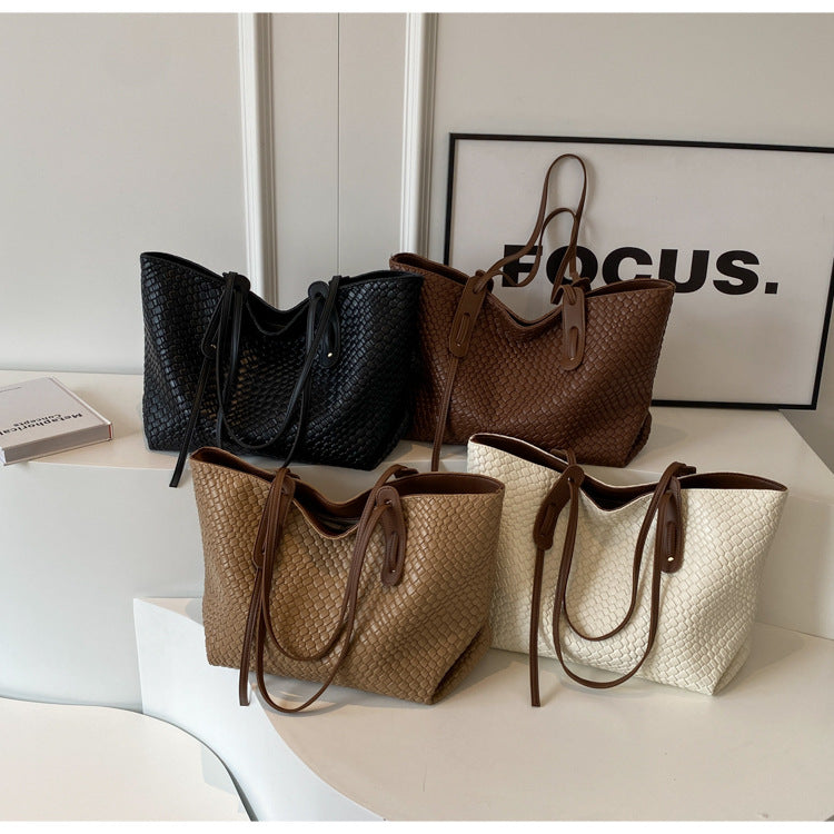 Brown Chic Woven PU Leather Tote Bag - Large Capacity Casual Shoulder & Handbag for Women