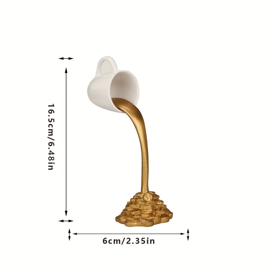 2 Pcs White Cup With Golden "Spill" And Base Magic Pouring Coffee Cup Sculpture - Unique Resin Tabletop Art Accent