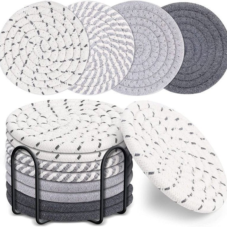 Grey Absorbent Woven Cotton Coasters - Set of 8 with Metal Holder - Heat Resistant Drink Mats for Table Protection