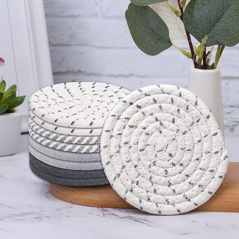 Beige and Blue Absorbent Woven Cotton Coasters - Set of 8 with Metal Holder - Heat Resistant Drink Mats for Table Protection