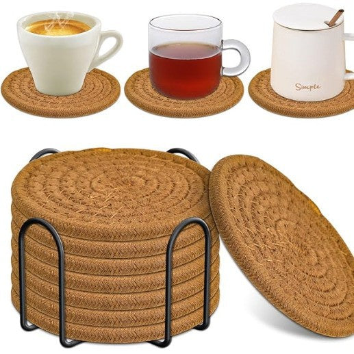 Brown Absorbent Woven Cotton Coasters - Set of 8 with Metal Holder - Heat Resistant Drink Mats for Table Protection