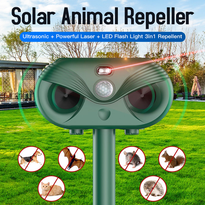 Green Advanced Solar Powered Ultrasonic Animal Repeller - Outdoor Pest Deterrent with Motion Sensor, Strobe Light & Laser