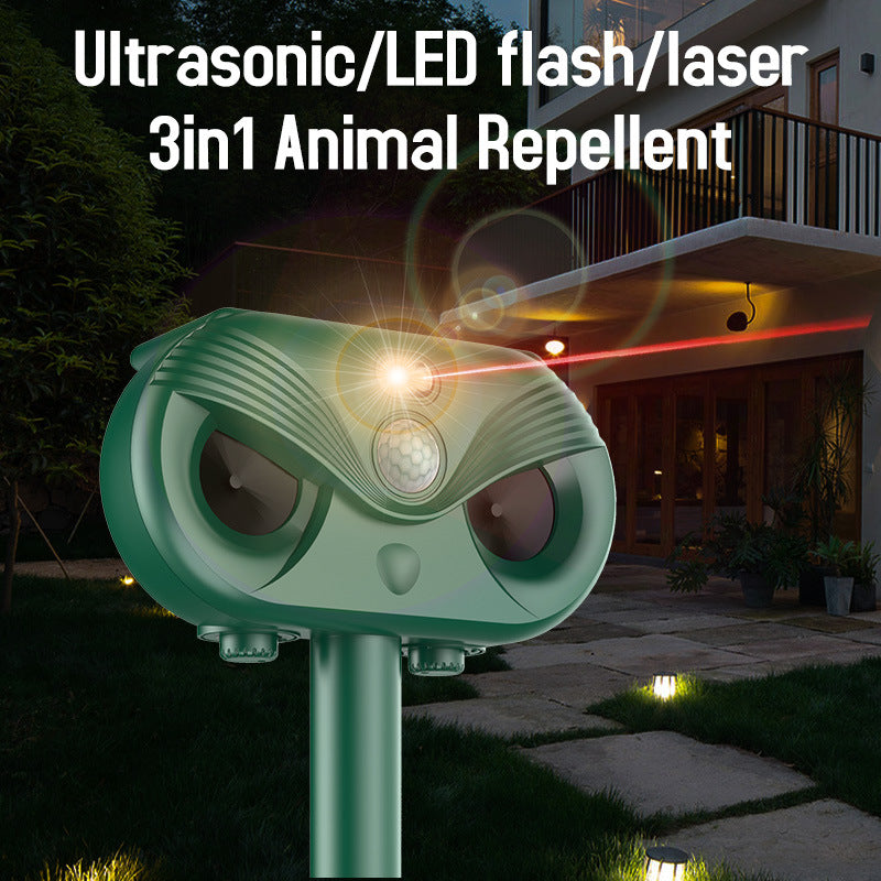 Black Advanced Solar Powered Ultrasonic Animal Repeller - Outdoor Pest Deterrent with Motion Sensor, Strobe Light & Laser