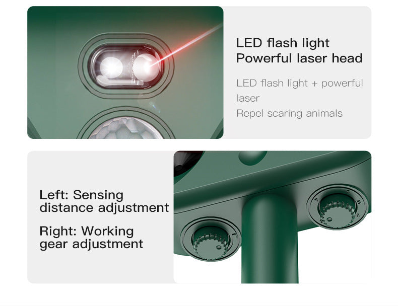 Black Advanced Solar Powered Ultrasonic Animal Repeller - Outdoor Pest Deterrent with Motion Sensor, Strobe Light & Laser