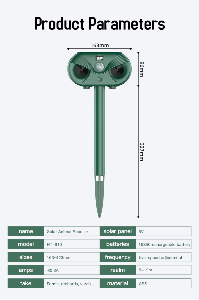Black Advanced Solar Powered Ultrasonic Animal Repeller - Outdoor Pest Deterrent with Motion Sensor, Strobe Light & Laser