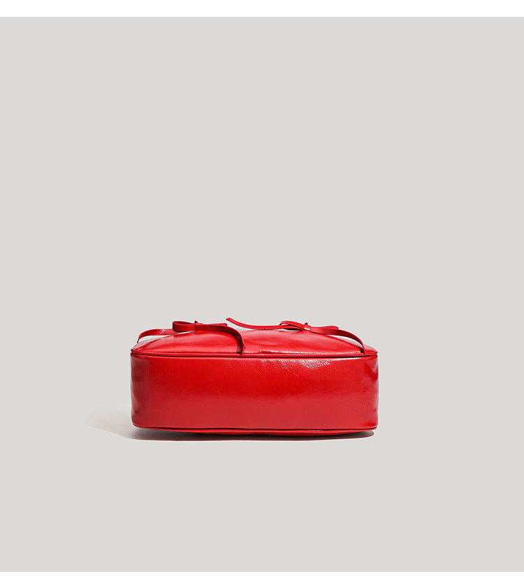 Red Chic PU Leather Baguette Shoulder Bag - Elegant Bow Accent Underarm Handbag for Women