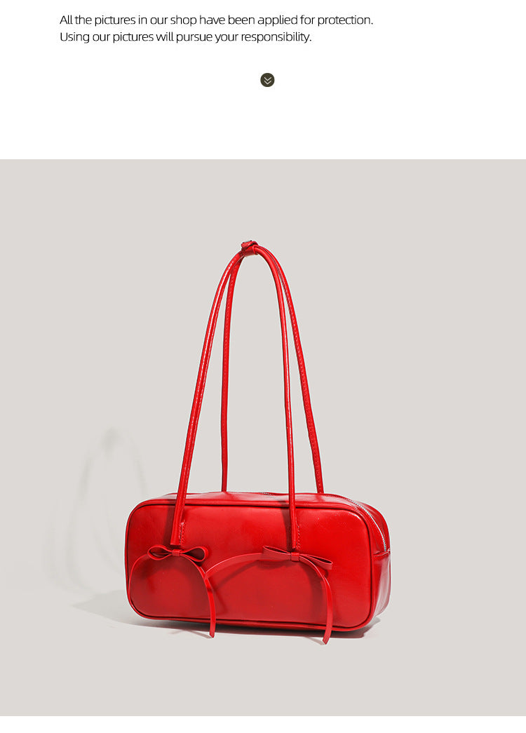 Coffee Chic PU Leather Baguette Shoulder Bag - Elegant Bow Accent Underarm Handbag for Women
