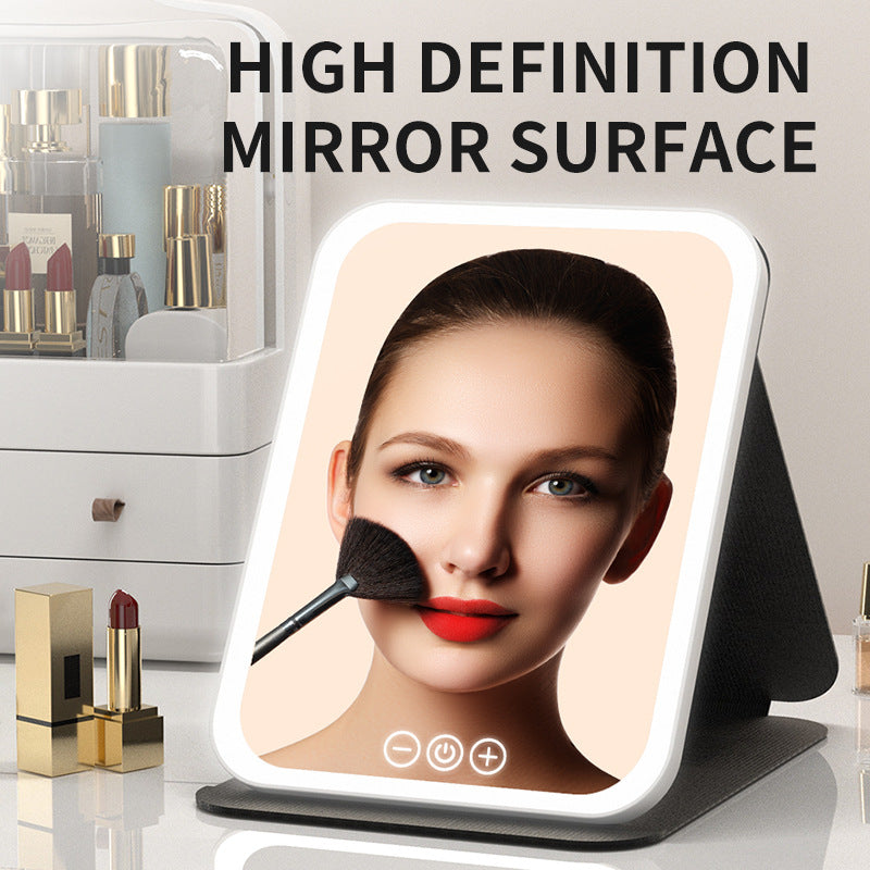 Black Large Foldable LED Makeup Mirror - Portable Desktop Vanity with 3 Color Lights, Stepless Dimming & Adjustable Stand