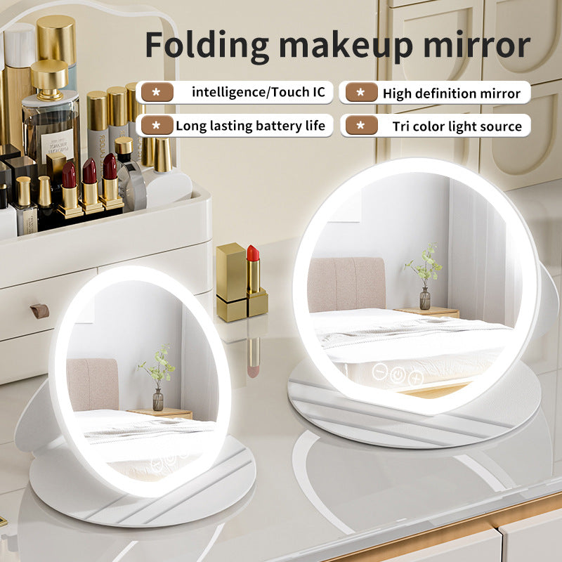 Black Large Round Foldable LED Makeup Mirror - 22cm Desktop Vanity with 3 Color Lights & Stepless Dimming