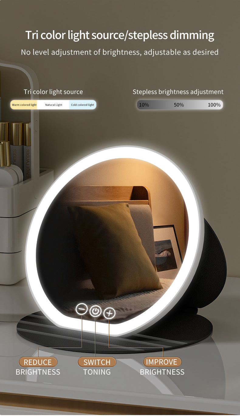 Black Large Round Foldable LED Makeup Mirror - 22cm Desktop Vanity with 3 Color Lights & Stepless Dimming