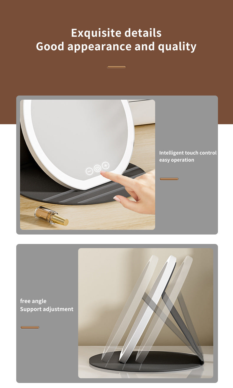 Black Large Round Foldable LED Makeup Mirror - 22cm Desktop Vanity with 3 Color Lights & Stepless Dimming