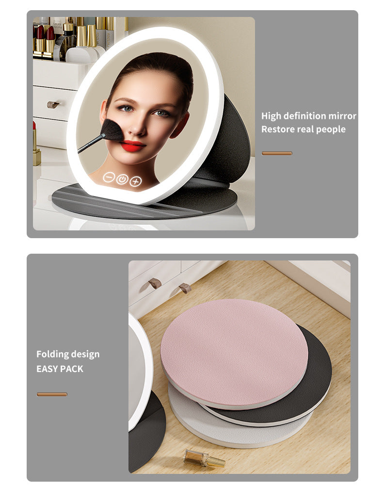 Pink Large Round Foldable LED Makeup Mirror - 22cm Desktop Vanity with 3 Color Lights & Stepless Dimming