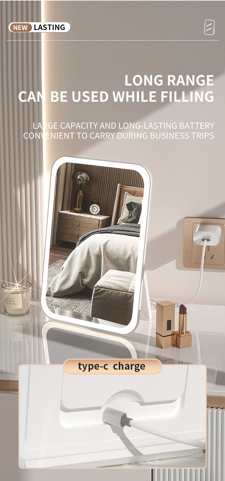 White Professional LED Vanity Mirror - 3 Color Lights, Stepless Dimming & Adjustable Rotating Stand, USB-C Rechargeable