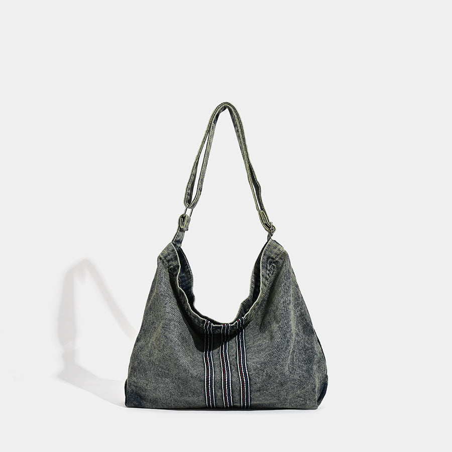 Grey Retro Washed Denim Hobo Bag - Large Capacity Shoulder & Crossbody Tote for Casual Everyday & Commute