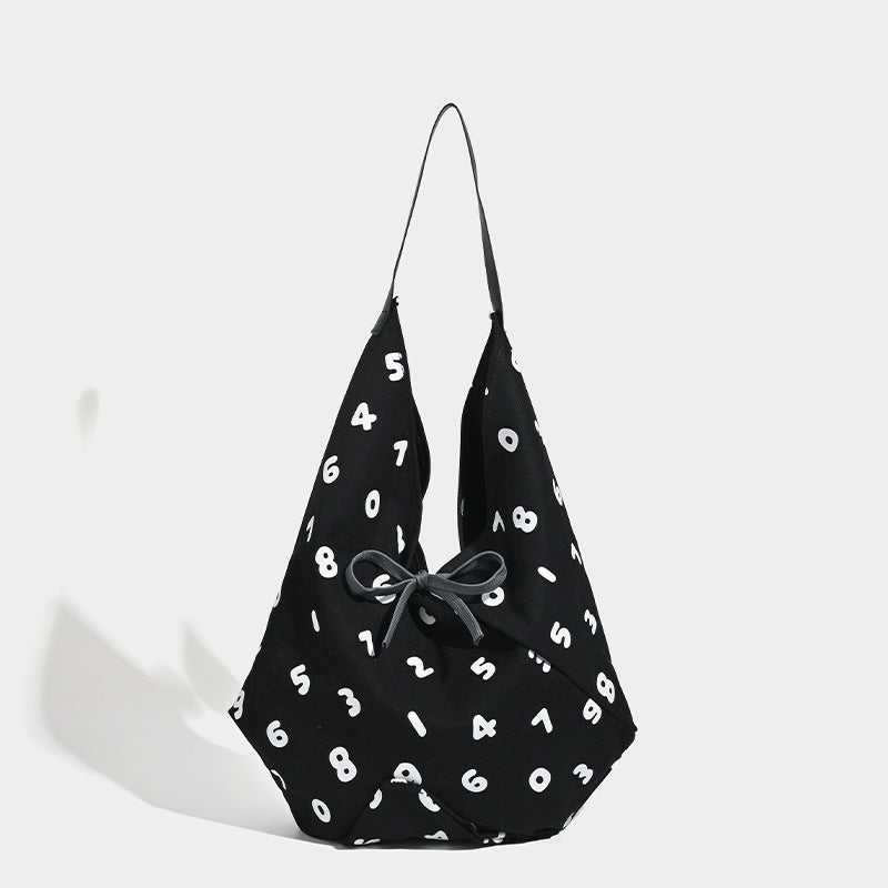 Black and White Chic Number Print Canvas Tote Bag - Lightweight Polyester Shoulder Bag for Everyday Essentials & A4