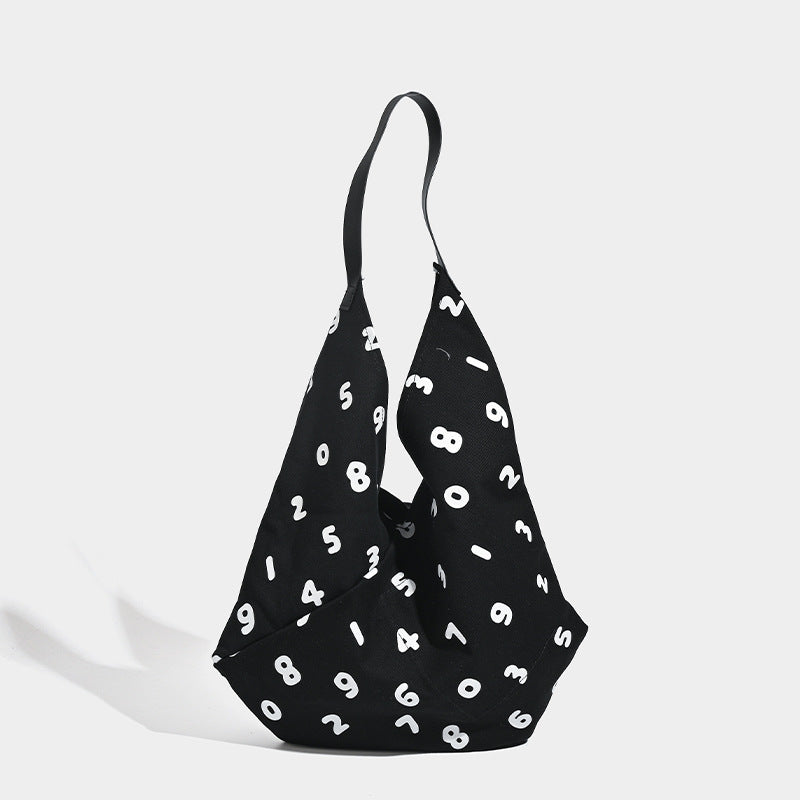 Black and White Chic Number Print Canvas Tote Bag - Lightweight Polyester Shoulder Bag for Everyday Essentials & A4