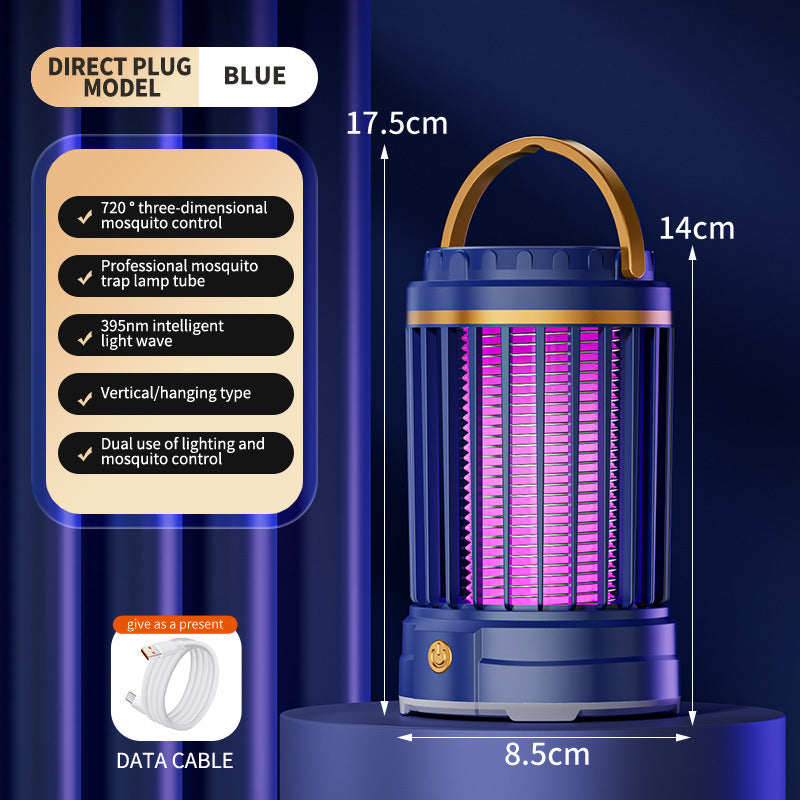 Dark Blue Portable 3-in-1 Electric Mosquito Zapper Lamp - UV Bug Killer, Warm Night Light & Bright Lantern, USB Plug-in use