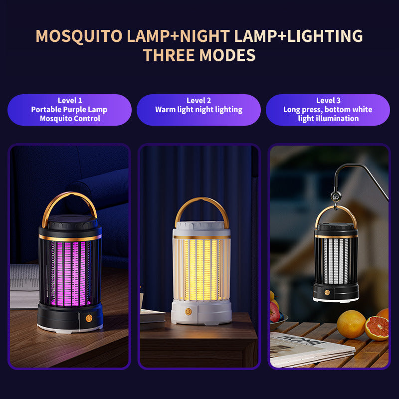 USB Rechargeable Black Portable 3-in-1 Electric Mosquito Zapper Lamp - UV Bug Killer, Warm Night Light & Bright Lantern
