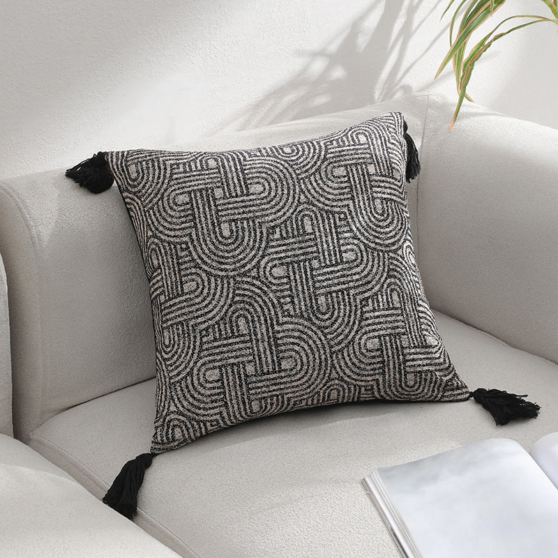 Black Chic Geometric Jacquard Cushion Covers with Tassels - Set of 2, Plush Blend for Sofa & Bed Decor (45x45cm, Insert Not Included)