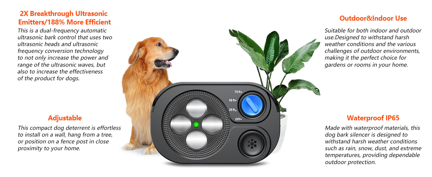 Black Advanced Ultrasonic Dog Bark Control - Dual Emitters, Variable Frequency, IP65 Waterproof, 75ft Range, Rechargeable