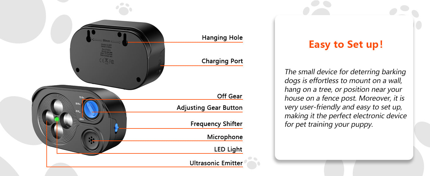 Black Advanced Ultrasonic Dog Bark Control - Dual Emitters, Variable Frequency, IP65 Waterproof, 75ft Range, Rechargeable