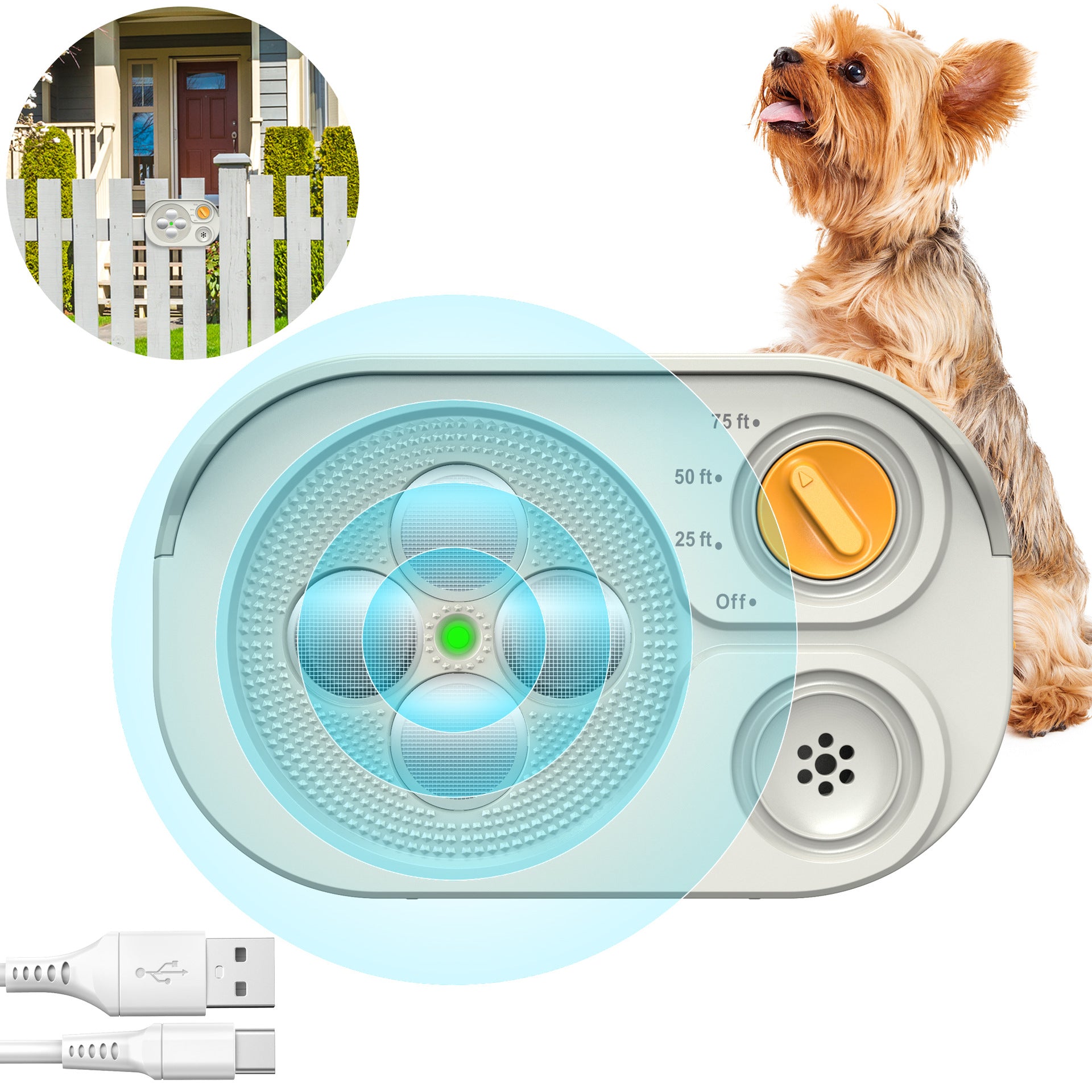 White Advanced Ultrasonic Dog Bark Control - Dual Emitters, Variable Frequency, IP65 Waterproof, 75ft Range, Rechargeable