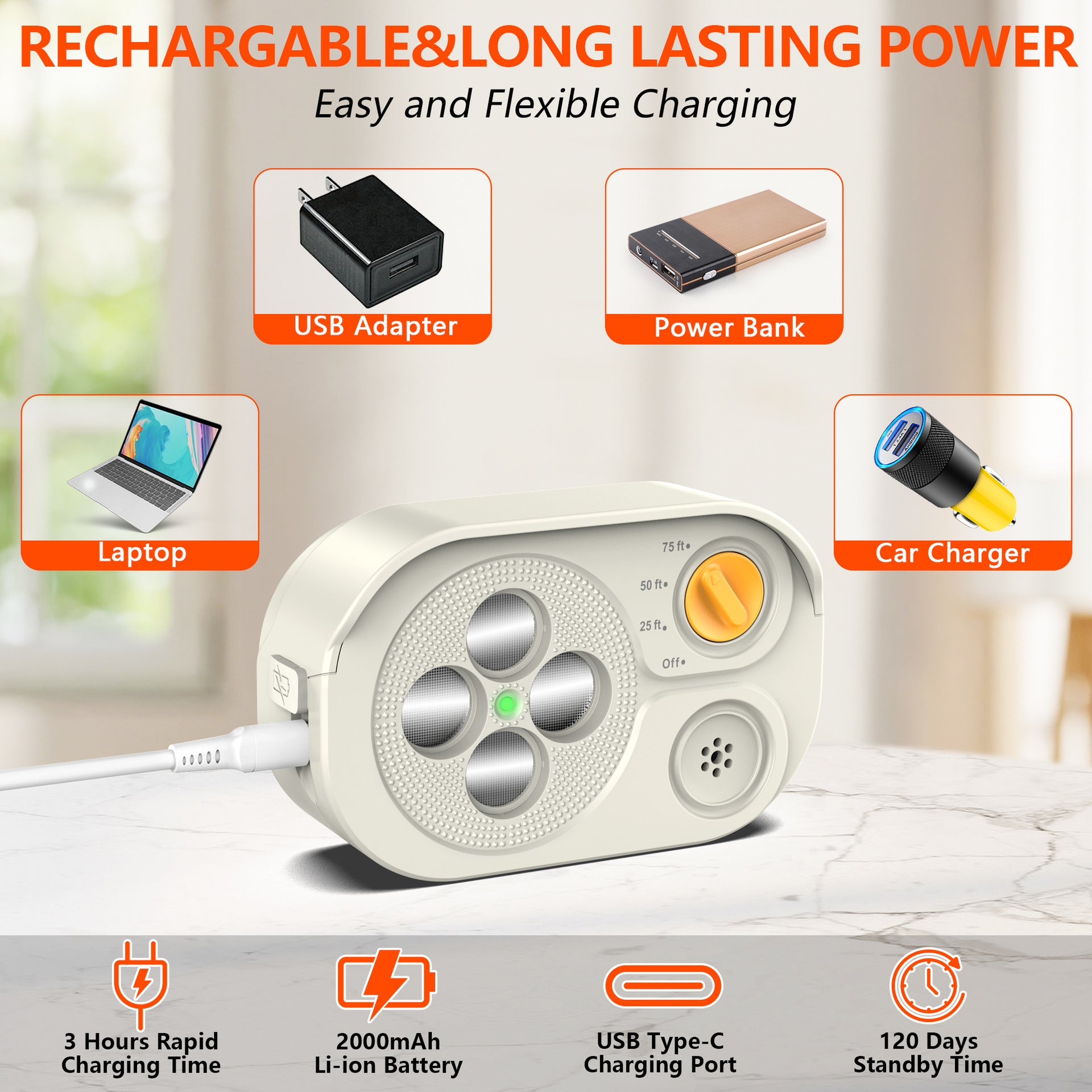 White Advanced Ultrasonic Dog Bark Control - Dual Emitters, Variable Frequency, IP65 Waterproof, 75ft Range, Rechargeable