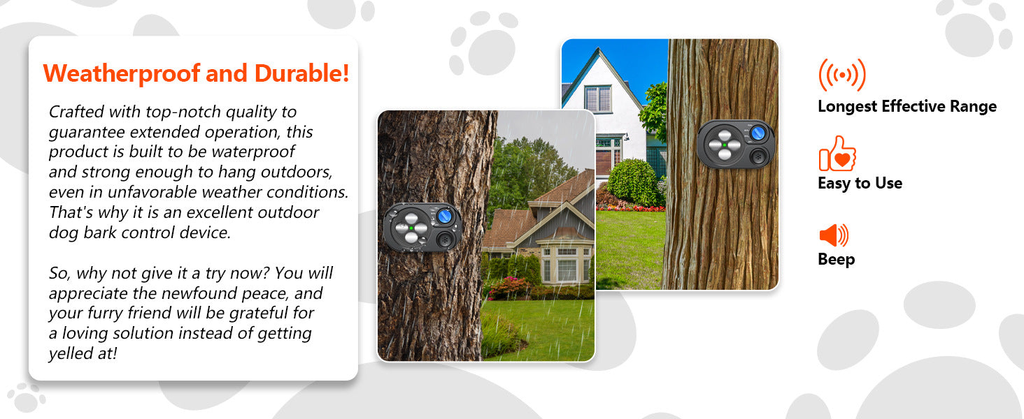 White Advanced Ultrasonic Dog Bark Control - Dual Emitters, Variable Frequency, IP65 Waterproof, 75ft Range, Rechargeable