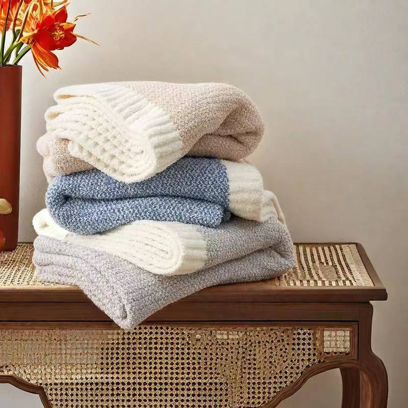 Beige and White Plush Chenille-Knit Throw Blanket - Soft Cozy Polyester for Bed & Sofa | Textured Two-Tone Design (127x153cm)