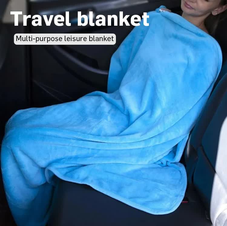 Light Blue 2-in-1 Plush Travel Blanket & Pillow Set - Soft Flannel with Luggage Strap & Carabiner (50x60in)
