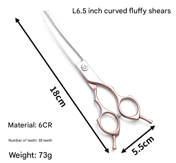Rose Gold and Silver Professional 6.5 Inch CURVED Pet Grooming Blending Shears - 38-Tooth Stainless Steel Fluffy Finish Scissors for Dogs & Cats