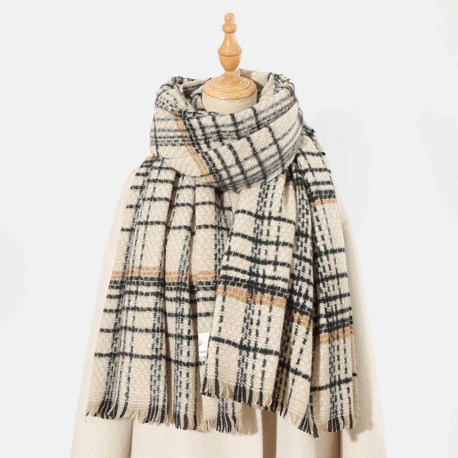 Beige Chic Plaid Winter Scarf - Large Soft Polyester Shawl Wrap with Tassels, Korean Inspired Fashion