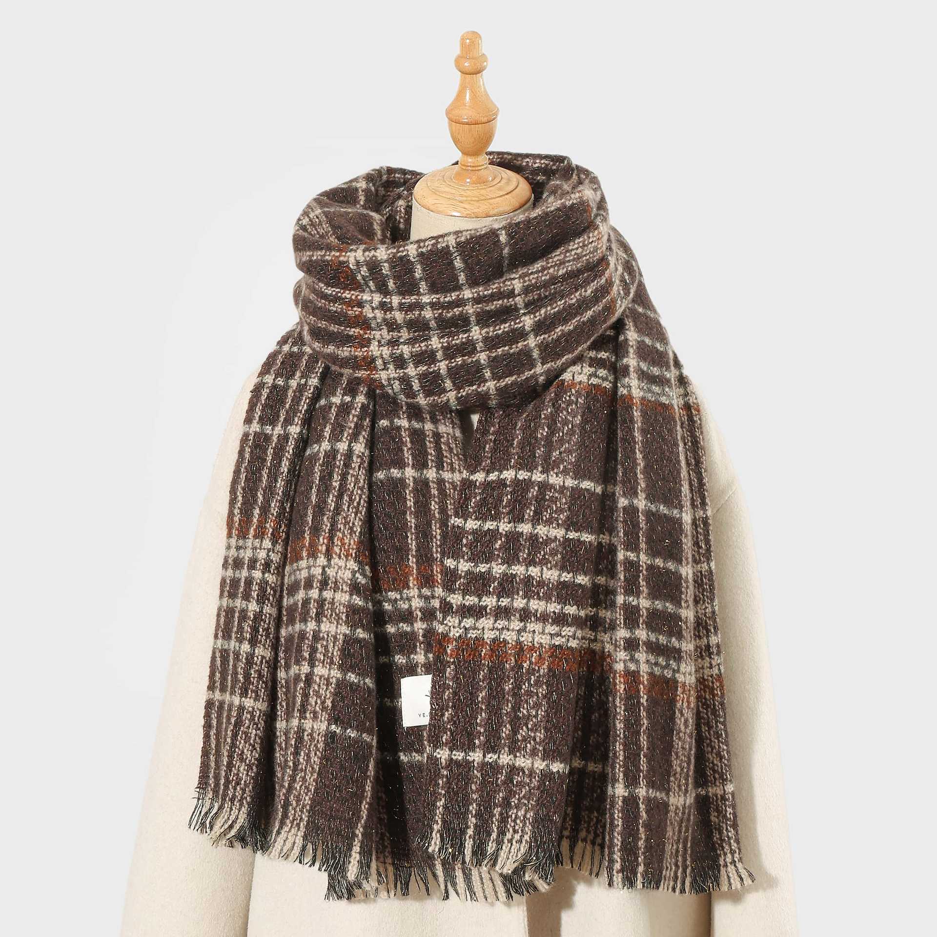 Coffee Chic Plaid Winter Scarf - Large Soft Polyester Shawl Wrap with Tassels, Korean Inspired Fashion
