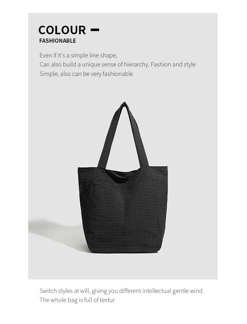 Black Stylish Lightweight Seersucker Gingham Tote Bag - Spacious Multi-Pocket Shoulder Bag with Zipper