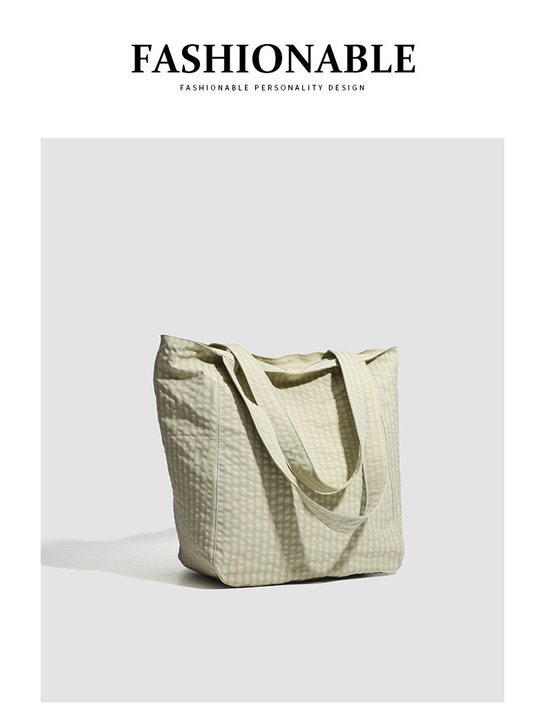 Black Stylish Lightweight Seersucker Gingham Tote Bag - Spacious Multi-Pocket Shoulder Bag with Zipper
