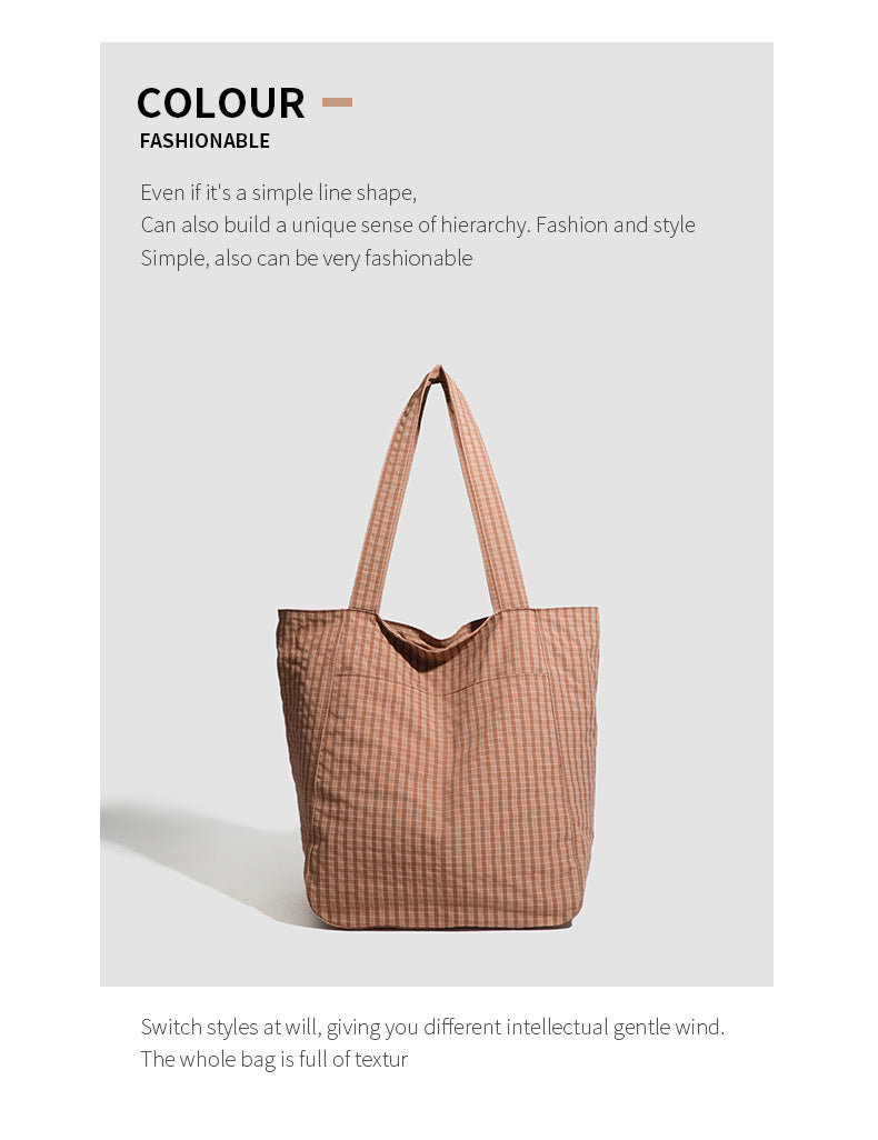 Brown Stylish Lightweight Seersucker Gingham Tote Bag - Spacious Multi-Pocket Shoulder Bag with Zipper