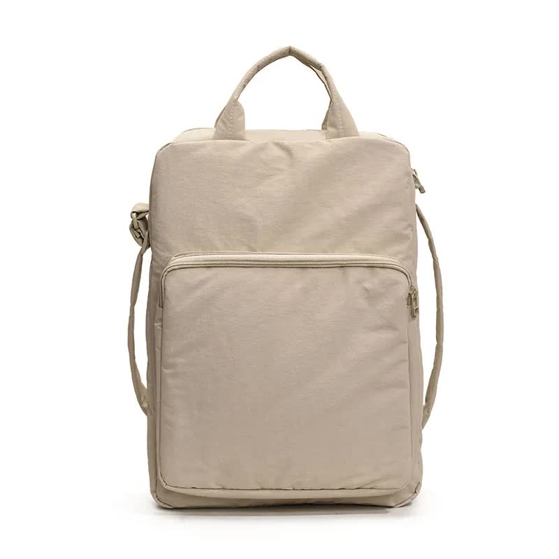 Beige Lightweight Nylon Vertical Crossbody Tote Bag - Casual Shoulder Bag with Adjustable Strap & Pockets