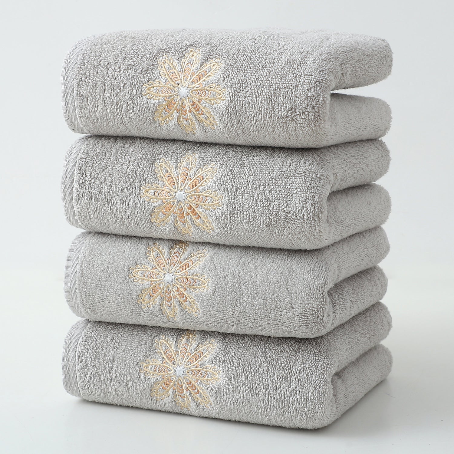 Grey 4-Pack Elegant Glod Floral Embroidered Cotton Hand Towels - Ultra Soft & Absorbent