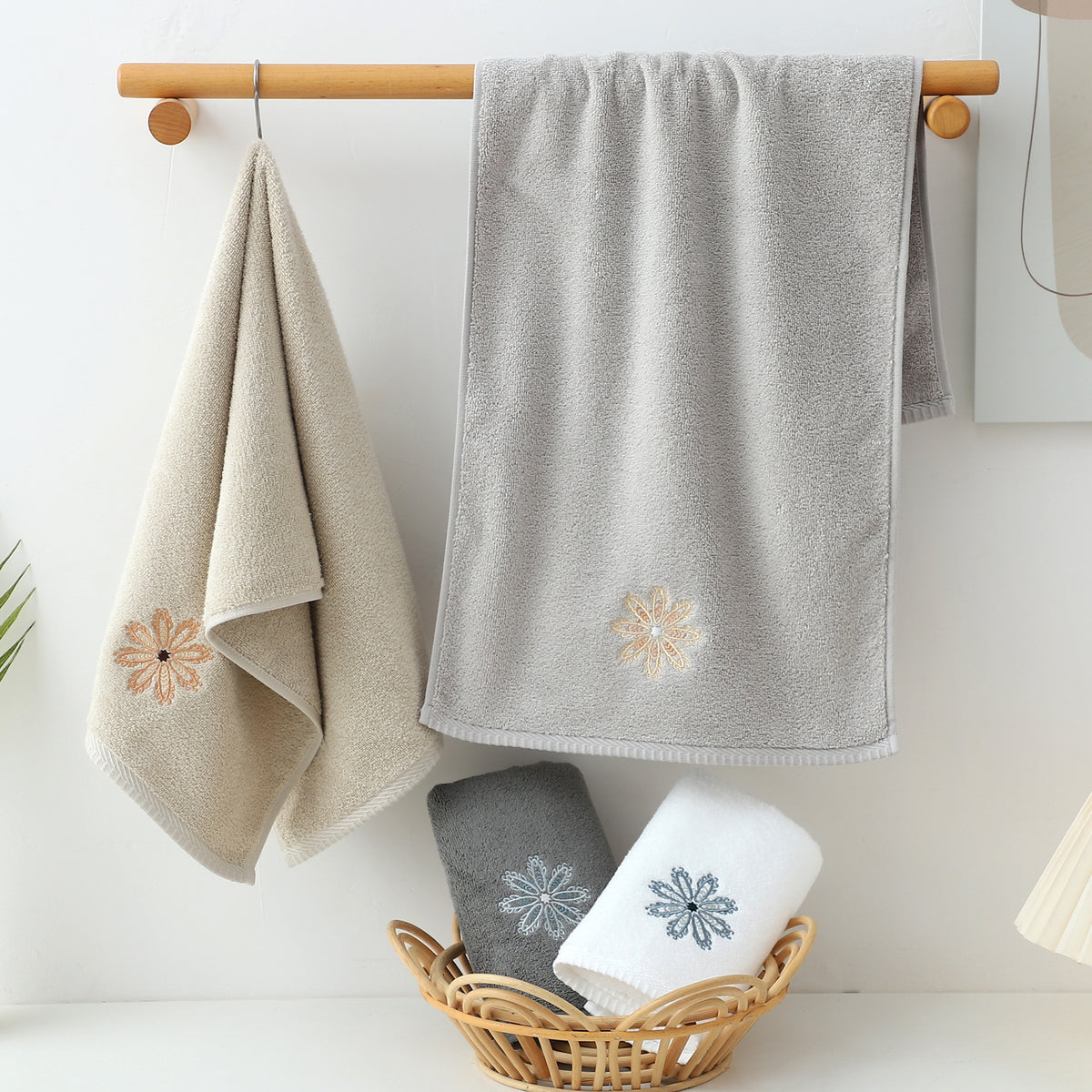 Dark Grey 4-Pack Elegant Blue Floral Embroidered Cotton Hand Towels - Ultra Soft & Absorbent