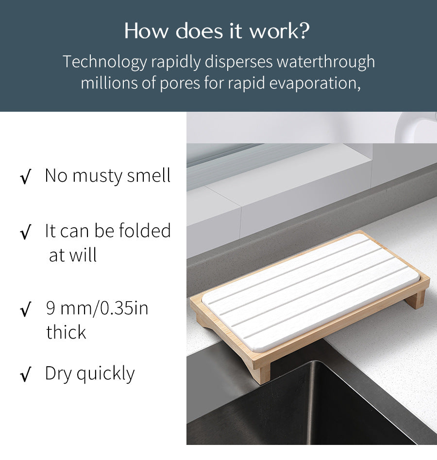 Light Grey Natural Diatomaceous Earth Absorbent Drying Tray with Bamboo Base - Quick-Dry Stone Mat for Kitchen & Bathroom Sink