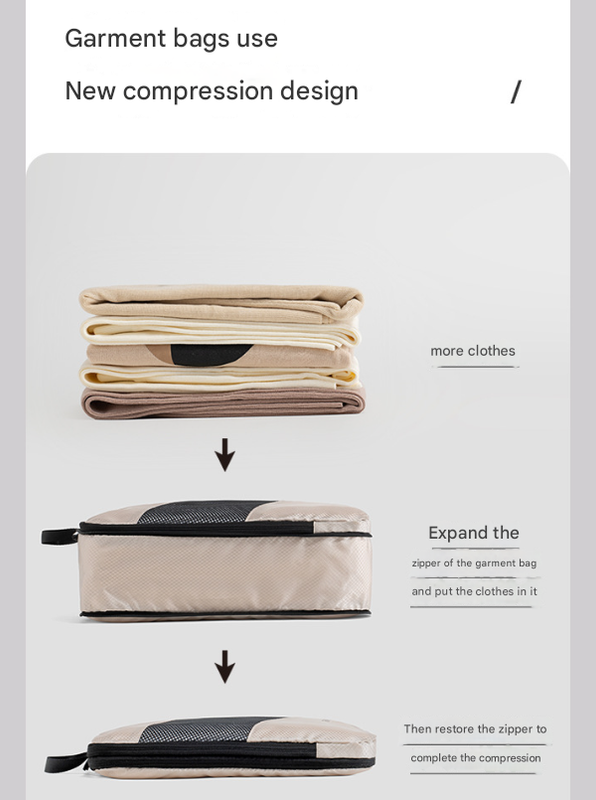 Beige and Black Premium 6-Piece Compression Packing Cubes Set - Lightweight Polyester Travel Organizers for Luggage, Includes Shoe Bag & Toiletry Pouch