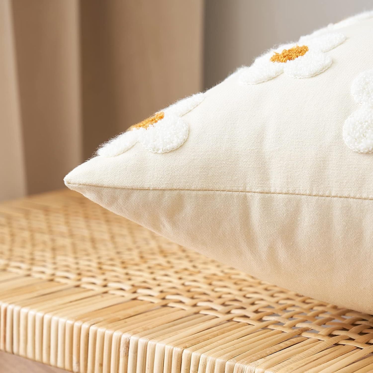 Beige and Khaki Charming 3D Daisy Embroidered Canvas Cushion Covers - Set of 2, 45x45cm Soft Textured Decorative Pillowcases