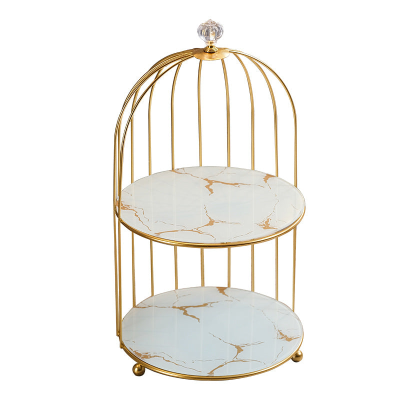 Gold and White Elegant 2-Tier Gold Birdcage Cosmetic Organizer - Wrought Iron Countertop Storage Rack for Skincare, Makeup & Jewelry