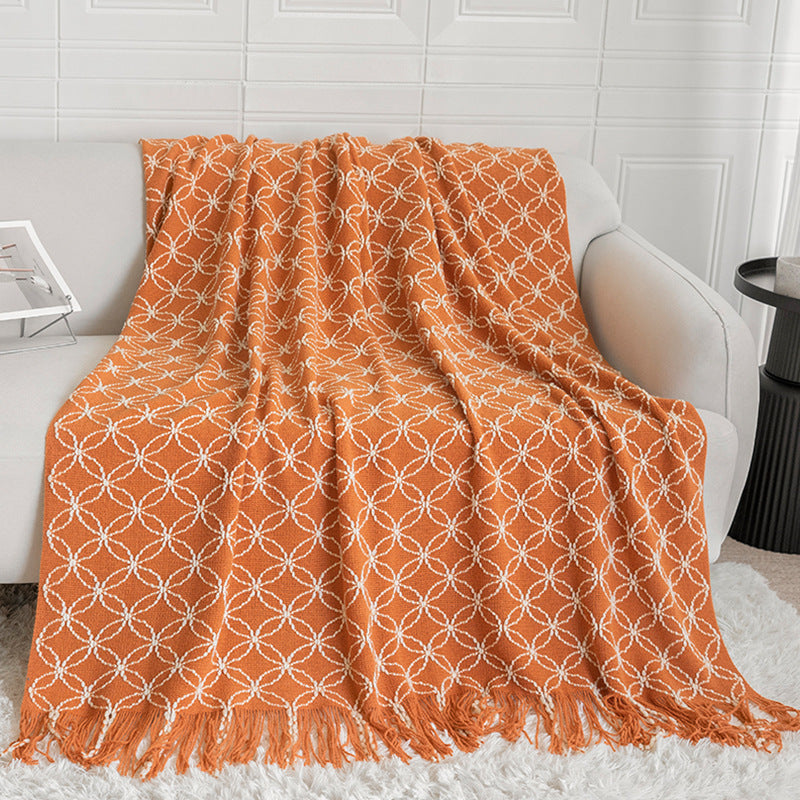 Orange Cozy Geometric Knitted Throw Blanket with Tassels - Soft Acrylic Decorative Sofa & Bed Cover, 130x180cm