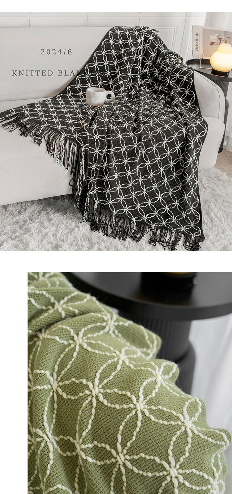 Orange Cozy Geometric Knitted Throw Blanket with Tassels - Soft Acrylic Decorative Sofa & Bed Cover, 130x180cm