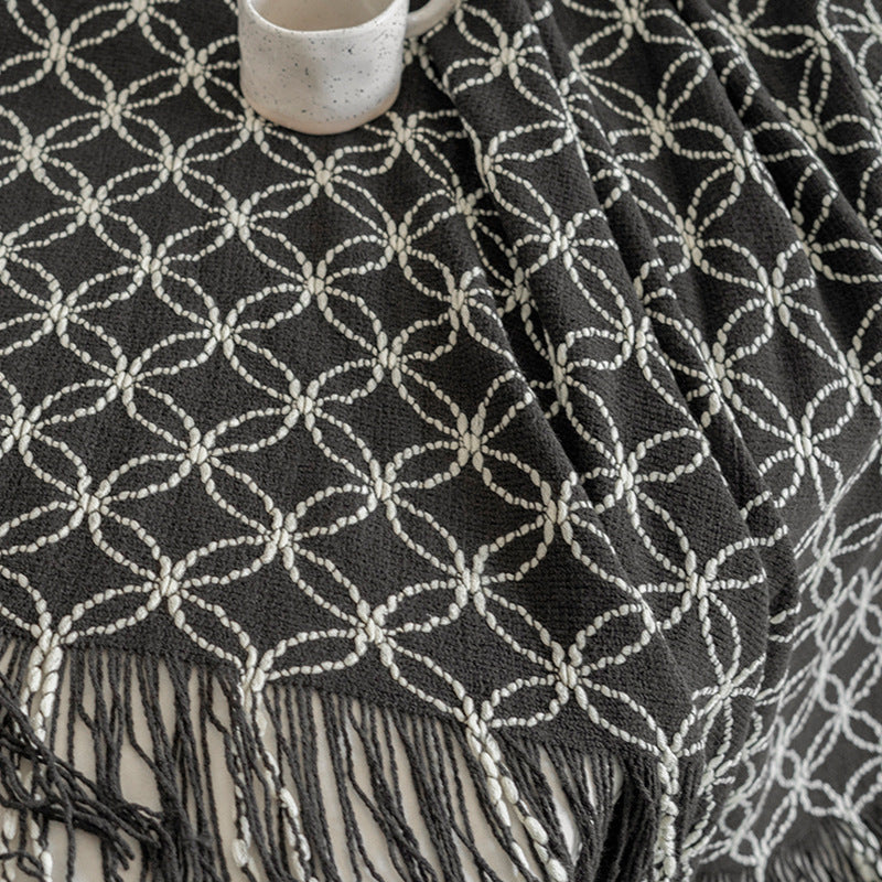 Orange Cozy Geometric Knitted Throw Blanket with Tassels - Soft Acrylic Decorative Sofa & Bed Cover, 130x180cm