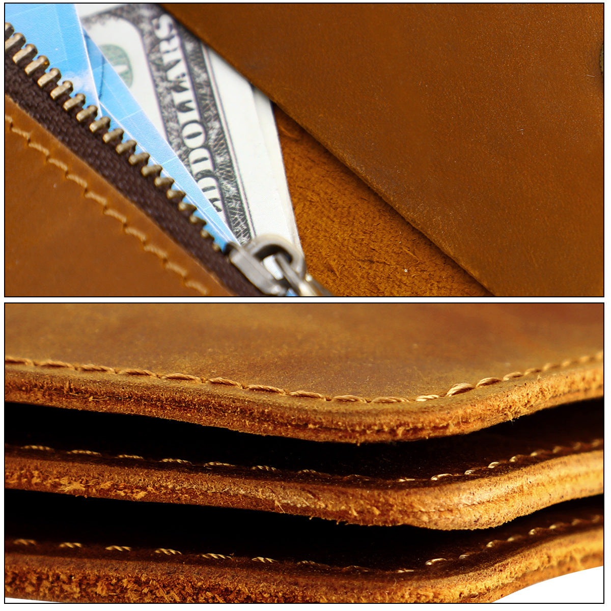 Blue Vintage Handmade Crazy Horse Leather Wallet - Compact Card Holder & Zippered Coin Purse with Snap Closure