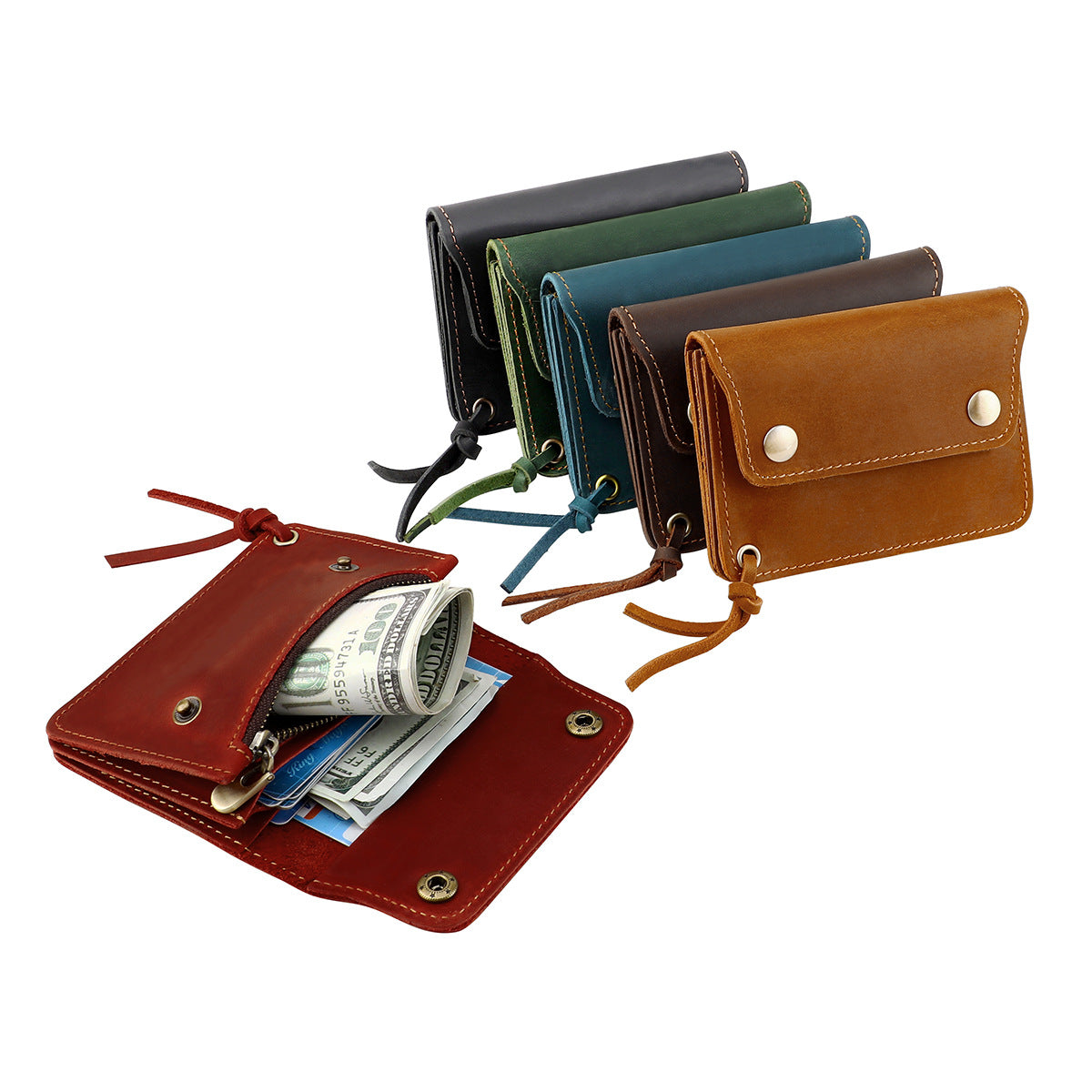 Red Vintage Handmade Crazy Horse Leather Wallet - Compact Card Holder & Zippered Coin Purse with Snap Closure