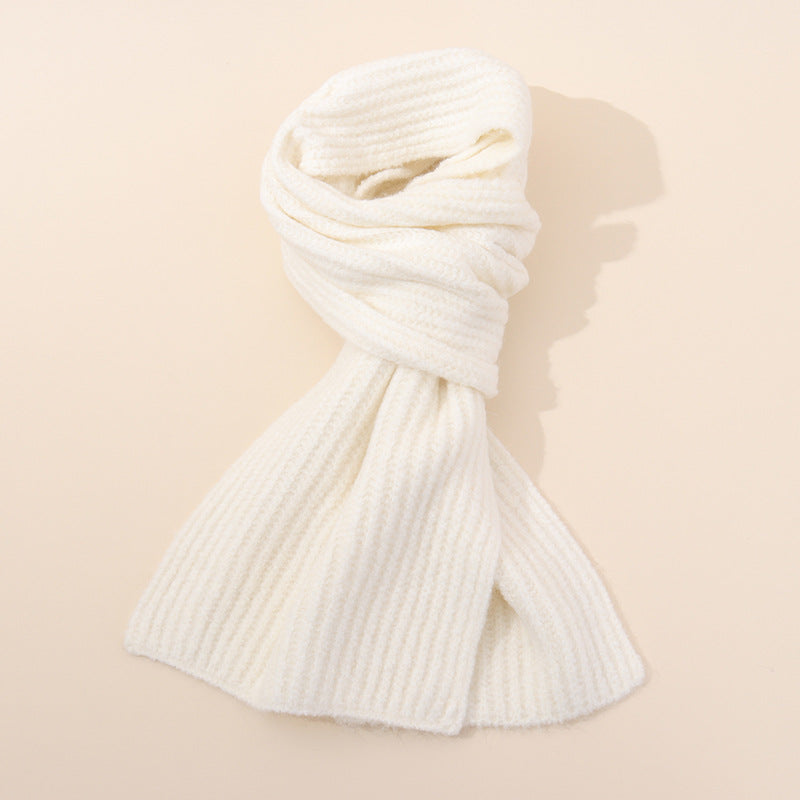 White Soft Ribbed Knit Winter Scarf - Cozy Warm Wool Blend Neck Wrap (160x25cm)